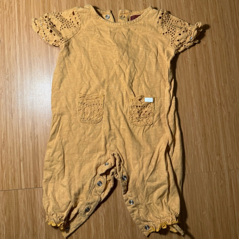 7 For All Mankind Baby Romper Mustard Eyelet 3-6 Months